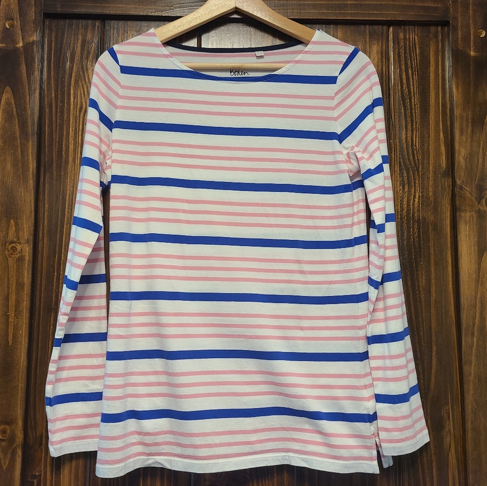 Boden Breton Stripe Long Sleeve T-shirt, White with Pink and Blue, Size 8 US